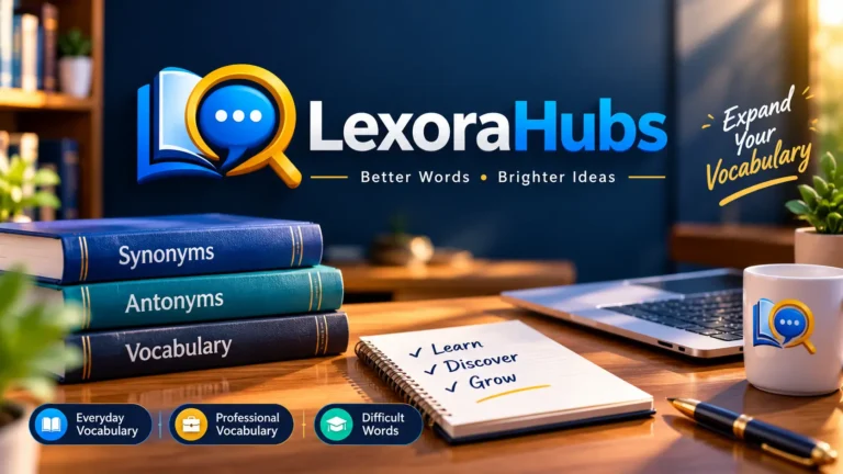 LexoraHubs vocabulary learning feature image with a blue and gold logo, synonym and antonym books, and a study desk.