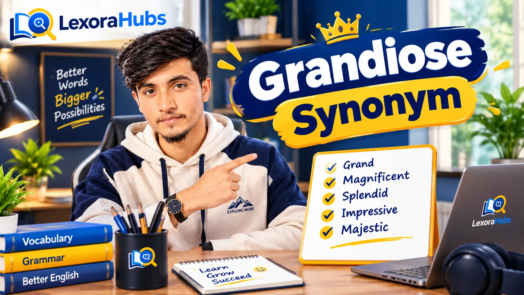 Grandiose Synonym – synonyms of grandiose including grand, magnificent, splendid, impressive, and majestic, featuring LexoraHubs educational branding.