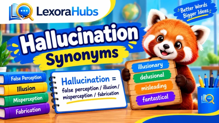 Hallucination synonyms infographic featuring illusion, false perception, misperception, and fabrication with LexoraHubs branding and a cute red panda.