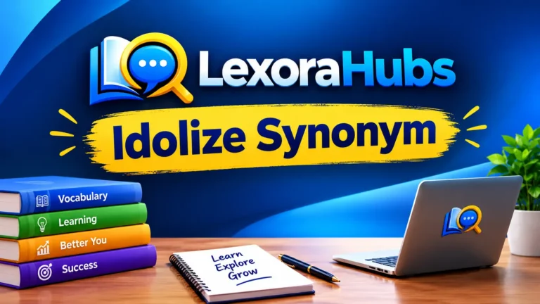 Idolize synonym feature image with LexoraHubs logo, blue and gold branding, vocabulary books, laptop, and learning-themed desk setup.