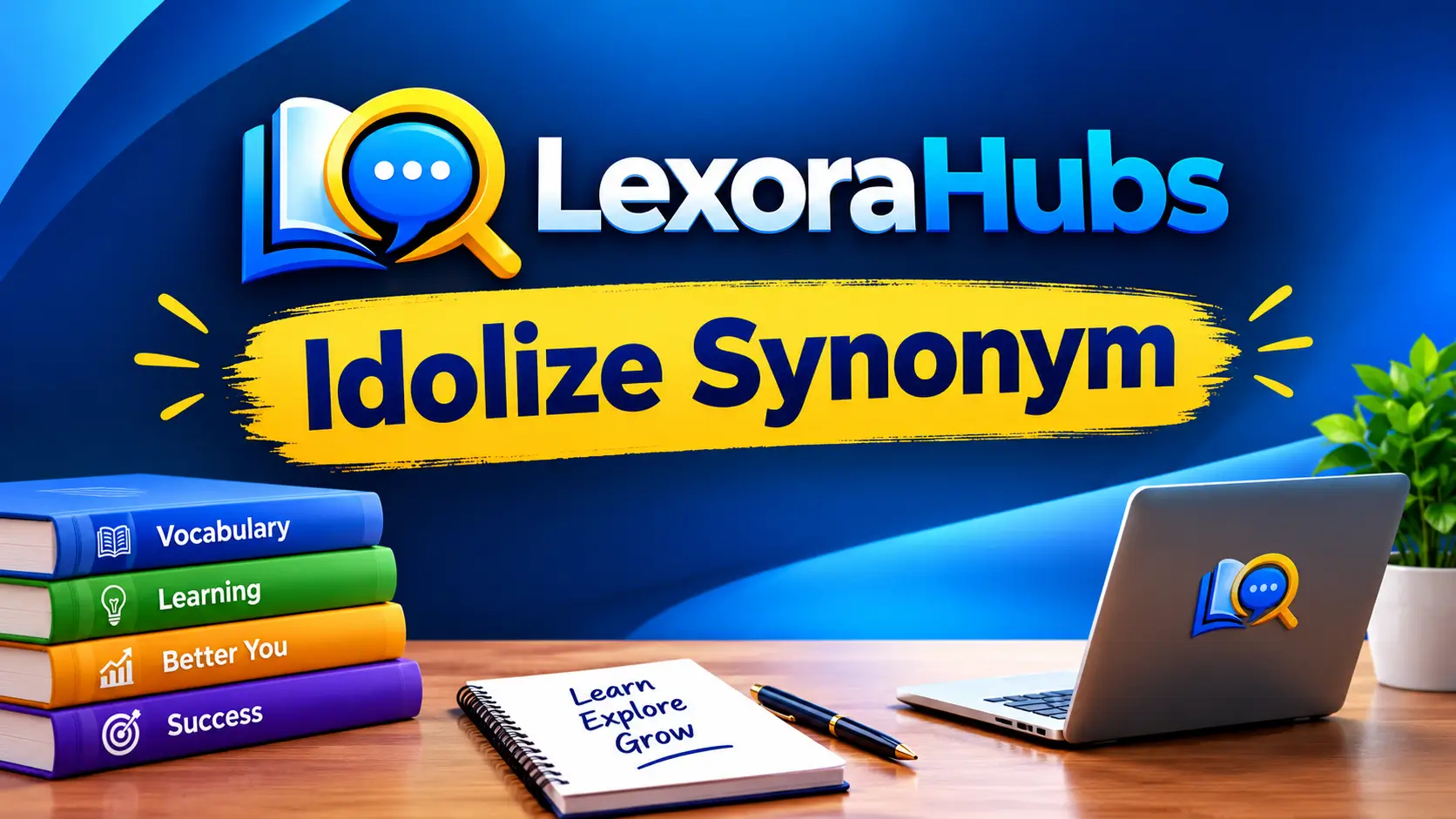 Idolize synonym feature image with LexoraHubs logo, blue and gold branding, vocabulary books, laptop, and learning-themed desk setup.
