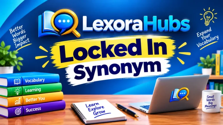 Locked In synonym feature image showing LexoraHubs vocabulary branding, learning books, laptop, notebook, and educational study elements.