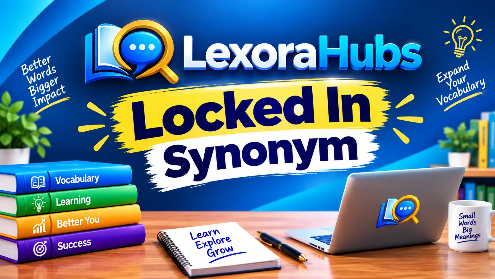 Locked In synonym feature image showing LexoraHubs vocabulary branding, learning books, laptop, notebook, and educational study elements.