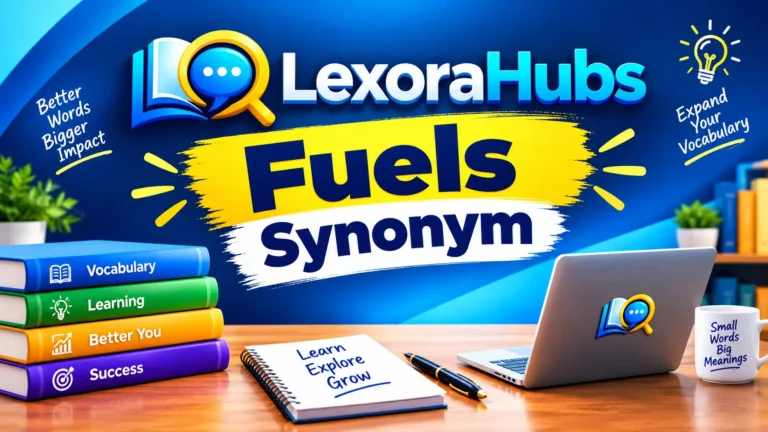 Fuels synonym educational feature image with LexoraHubs logo, vocabulary books, laptop, notebook, and learning-themed desk.