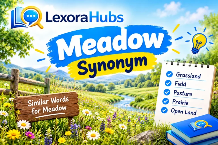 Meadow synonym vocabulary illustration featuring a green meadow with wildflowers and open grassland.