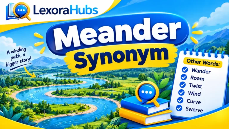 Meander synonym guide featuring words like wander, roam, stroll, and ramble.