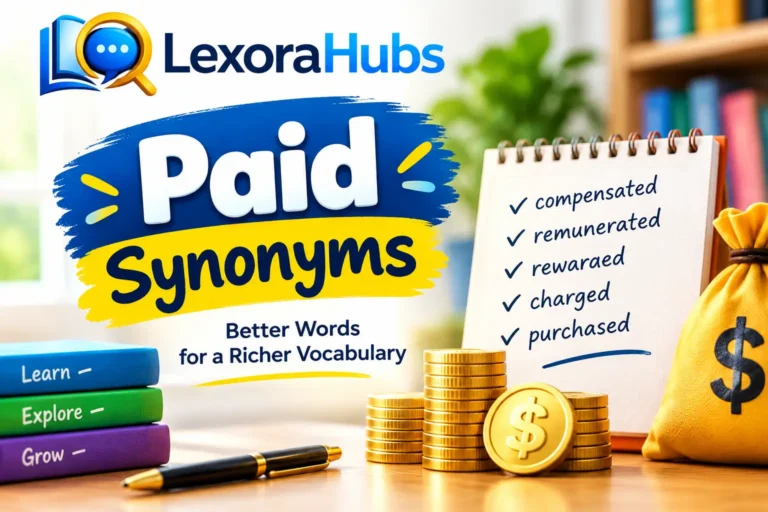 Paid Synonyms – LexoraHubs vocabulary guide featuring alternative words for paid, including compensated, remunerated, rewarded, charged, and purchased.
