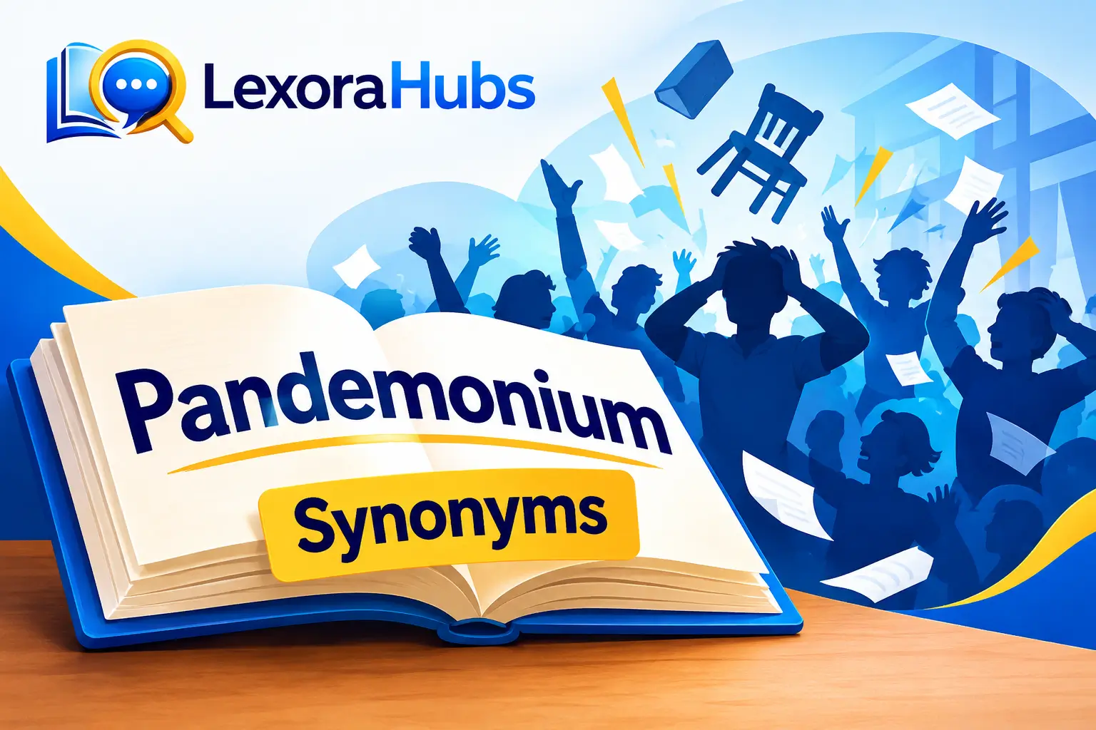 Pandemonium synonym guide featuring an open vocabulary book and a chaotic crowd in LexoraHubs branding