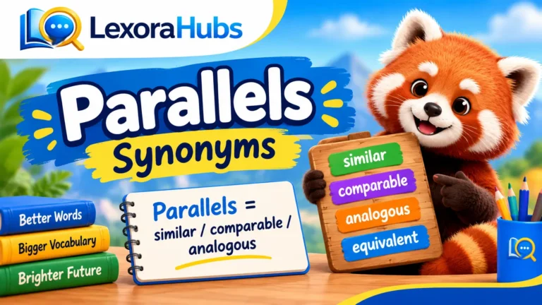 Parallels synonyms infographic featuring similar, comparable, analogous, and equivalent words with LexoraHubs branding and a cute red panda.