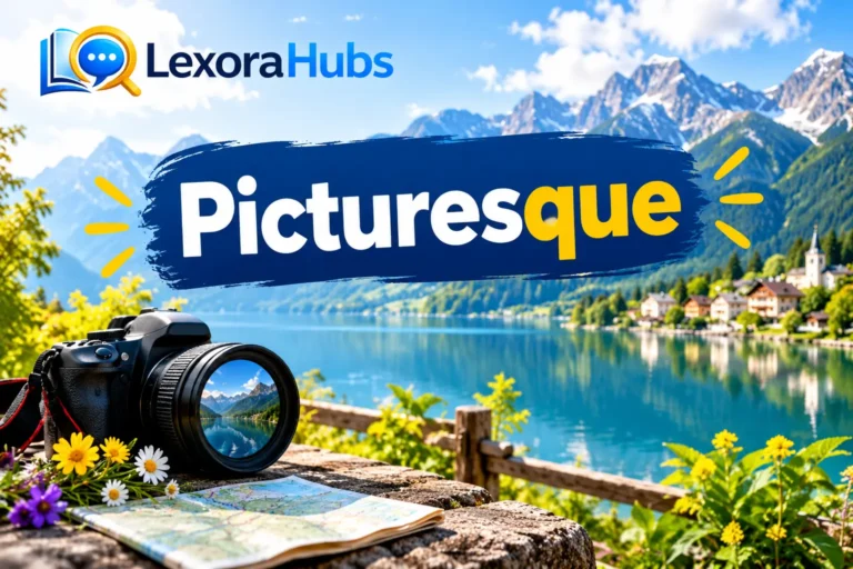 Picturesque Synonym Feature Image with LexoraHubs Logo and Beautiful Mountain Lake Landscape