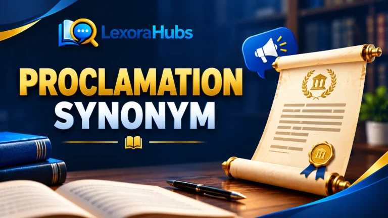 Proclamation synonym guide featuring the LexoraHubs logo, a golden proclamation headline, and an official parchment scroll on a navy blue background.