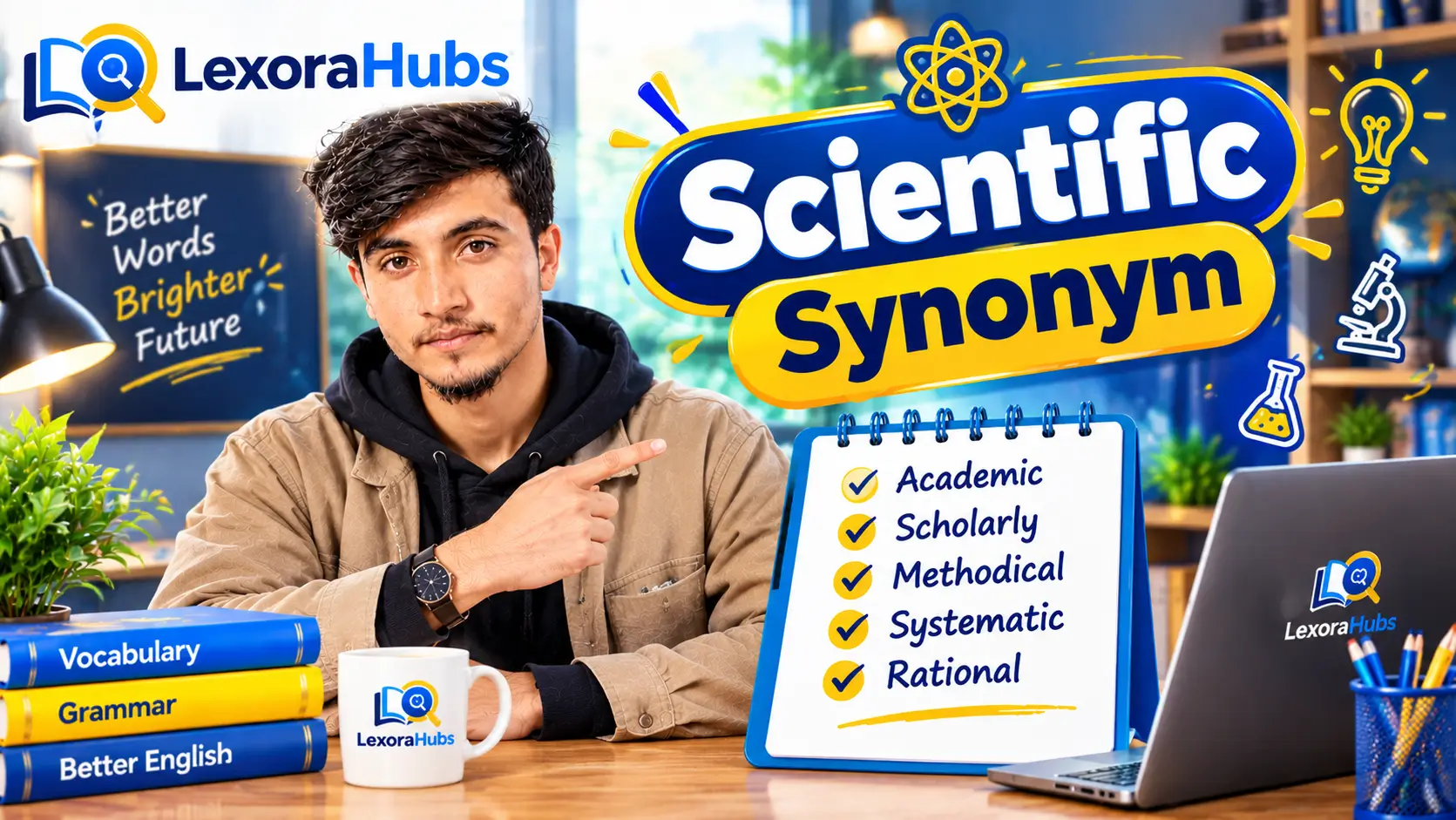 Scientific Synonym – synonyms of scientific including academic, scholarly, methodical, systematic, and rational, with LexoraHubs branding.