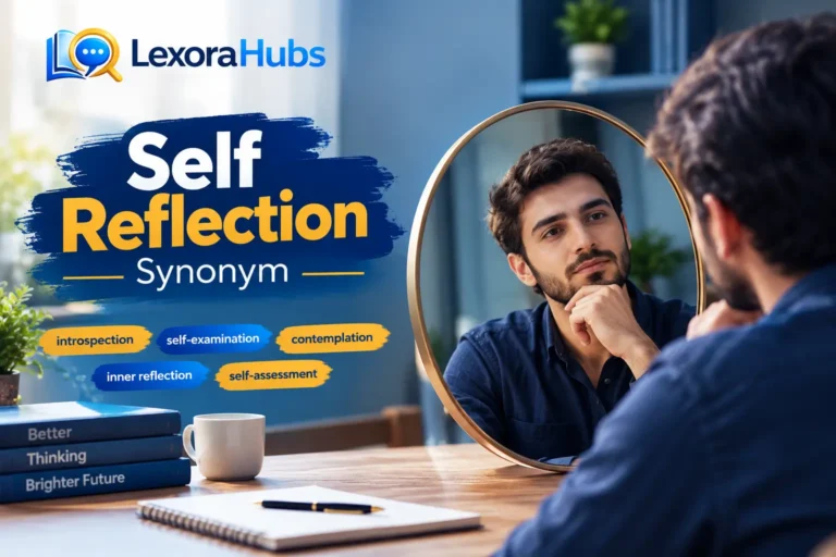 Self reflection synonym vocabulary guide with a person thinking
