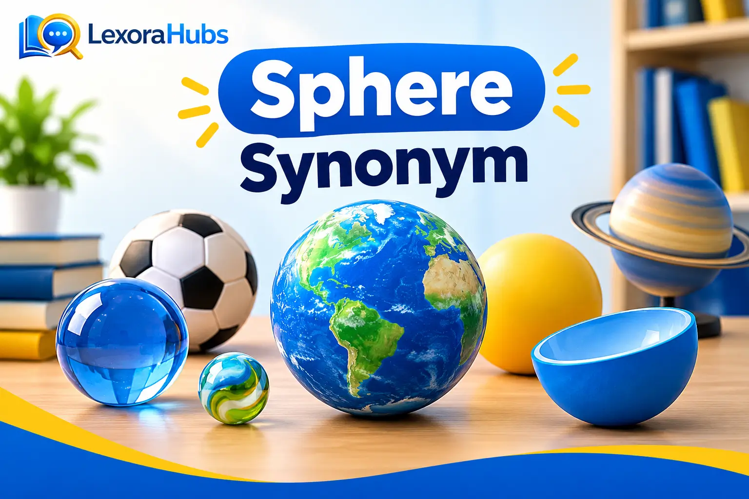 Sphere synonym illustration featuring a globe, blue orb, soccer ball, and other spherical shapes in LexoraHubs blue and yellow colors.