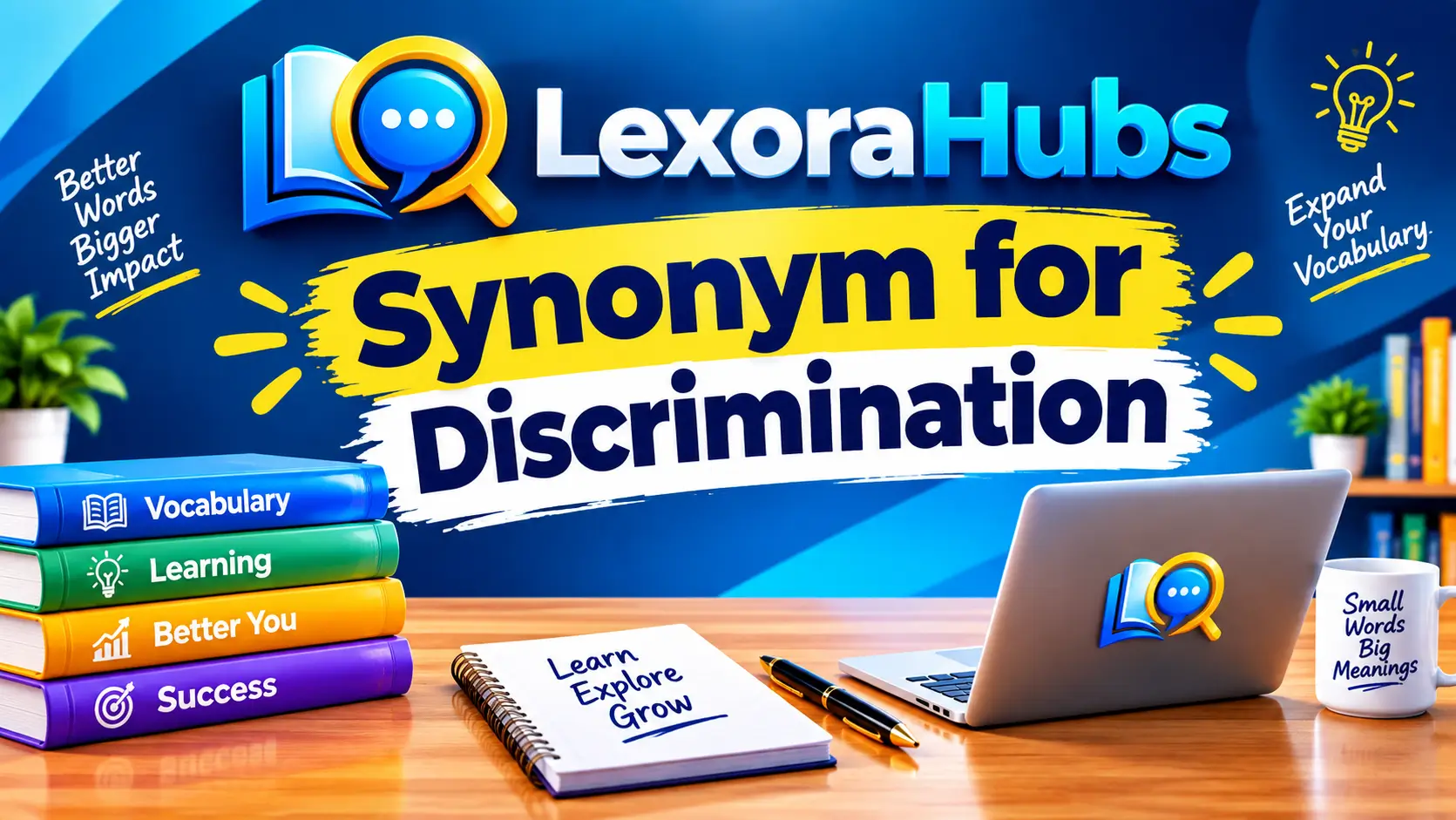 Synonym for discrimination educational feature image with LexoraHubs logo, vocabulary books, laptop, notebook, and learning elements.