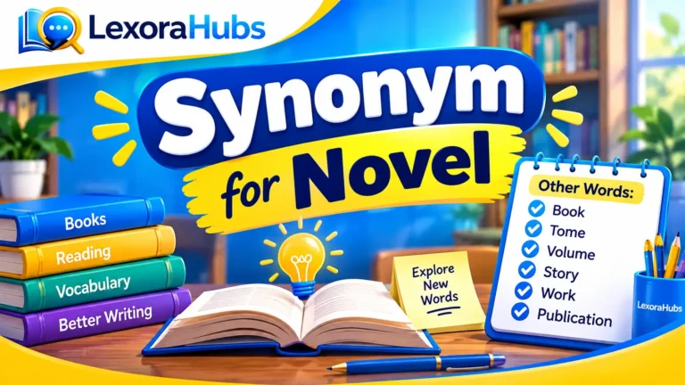Synonym for novel with creative ideas, books, and vocabulary learning elements.