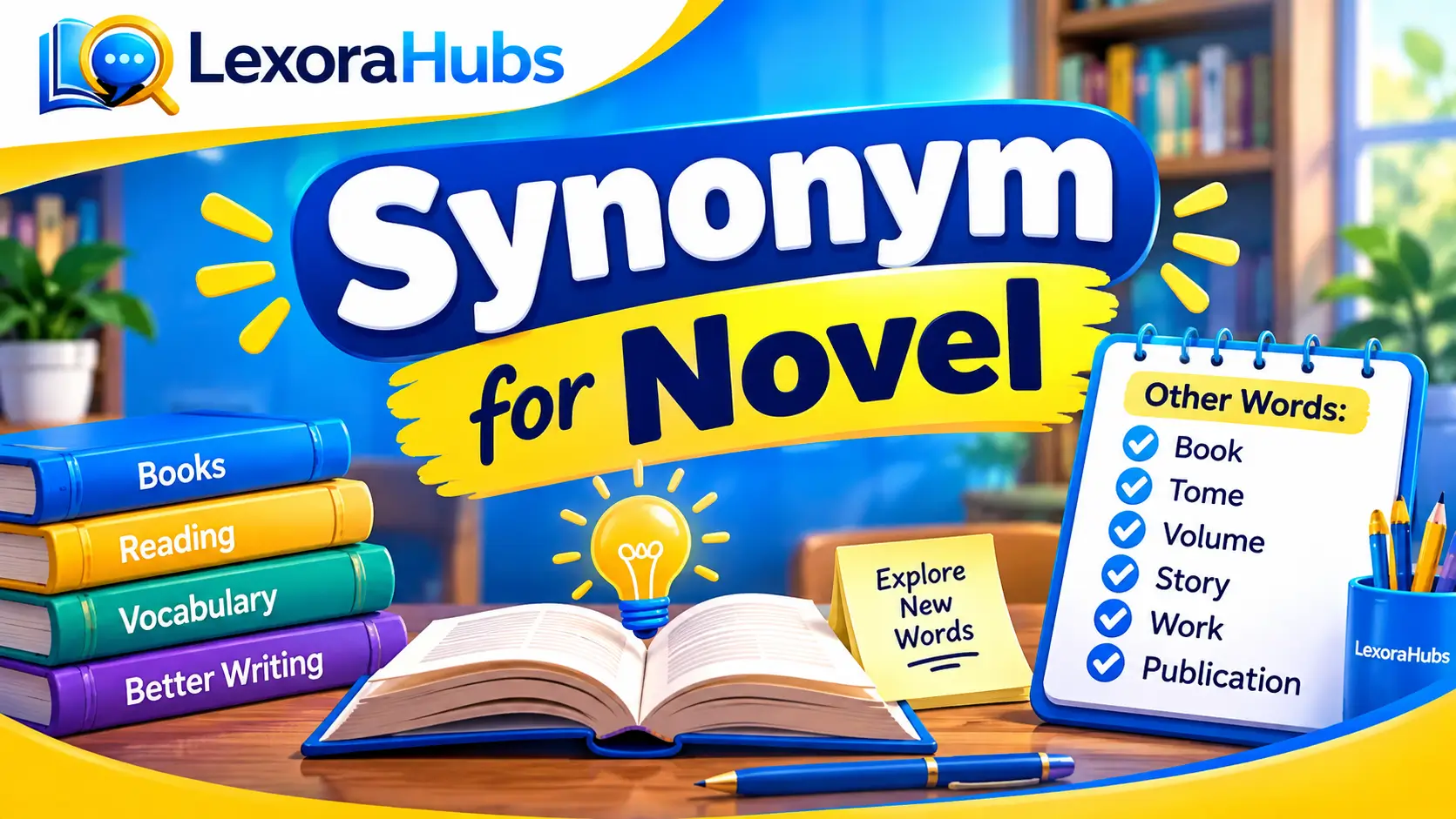 Synonym for novel with creative ideas, books, and vocabulary learning elements.