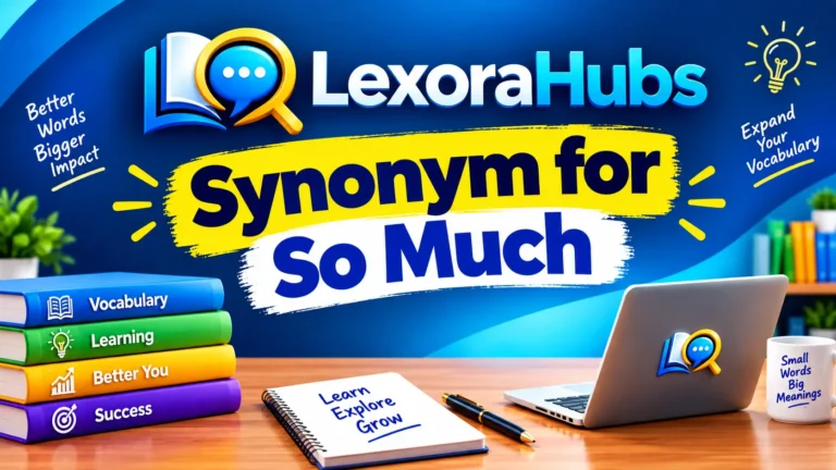 Synonym for so much educational feature image with LexoraHubs logo, vocabulary books, laptop, and learning desk.
