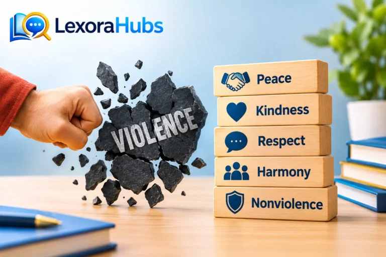 Synonyms for violence illustrated with peace, kindness, respect, harmony, and nonviolence