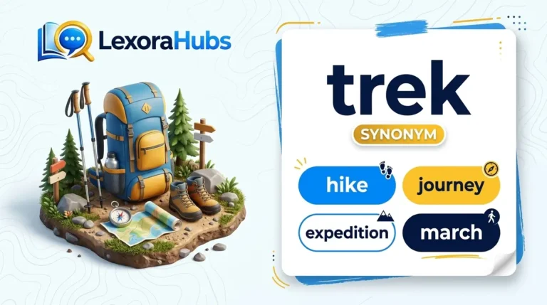 Trek synonym featuring a scenic hiking trail through beautiful mountains.